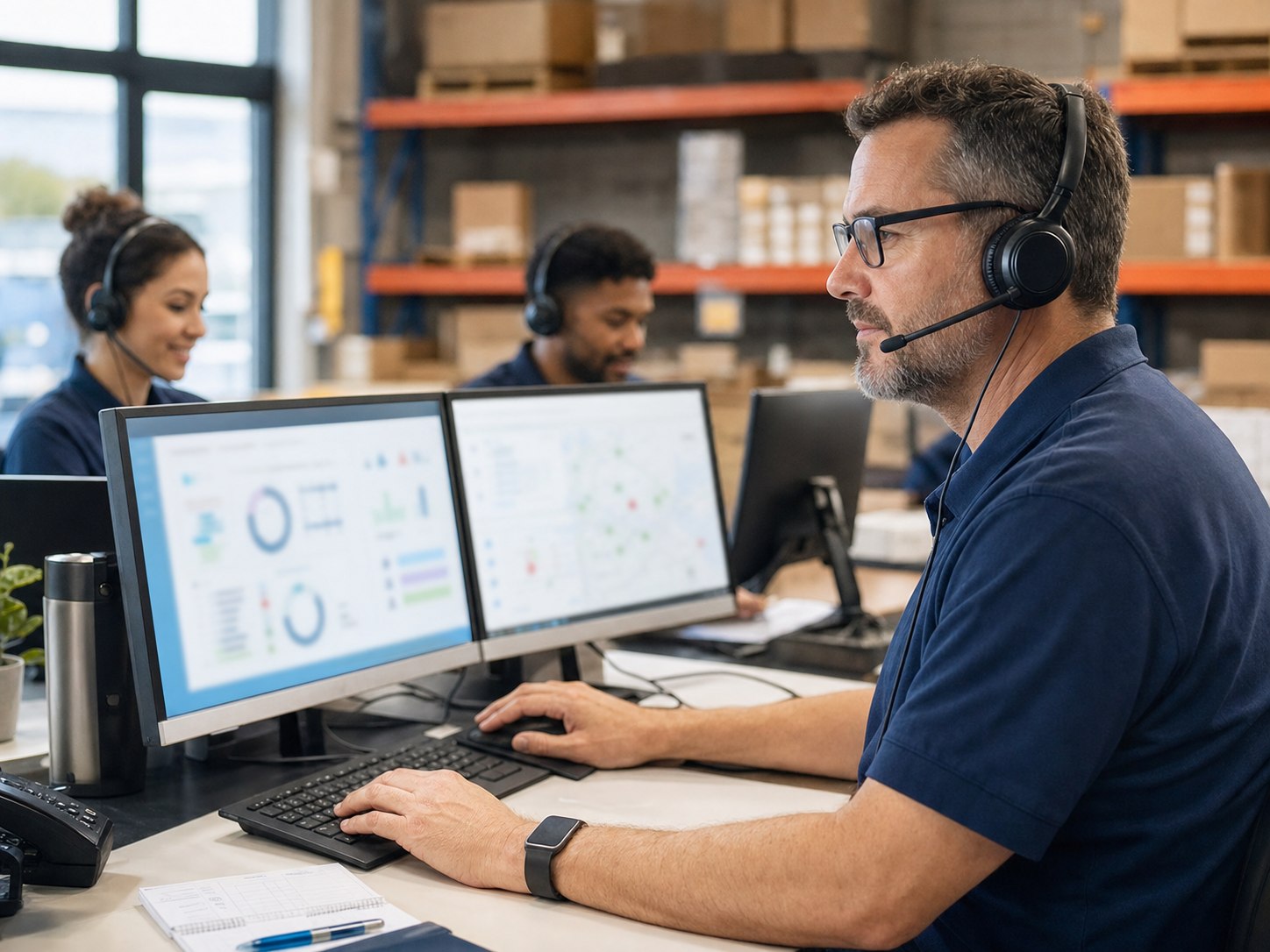WESHIPAC support specialists coordinating customer questions in an equipment operations center