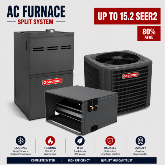Goodman 2 Ton 15.2 SEER2 80% AFUE 60,000 BTU Furnace and AC System - R32 Horizontal B Cabinet