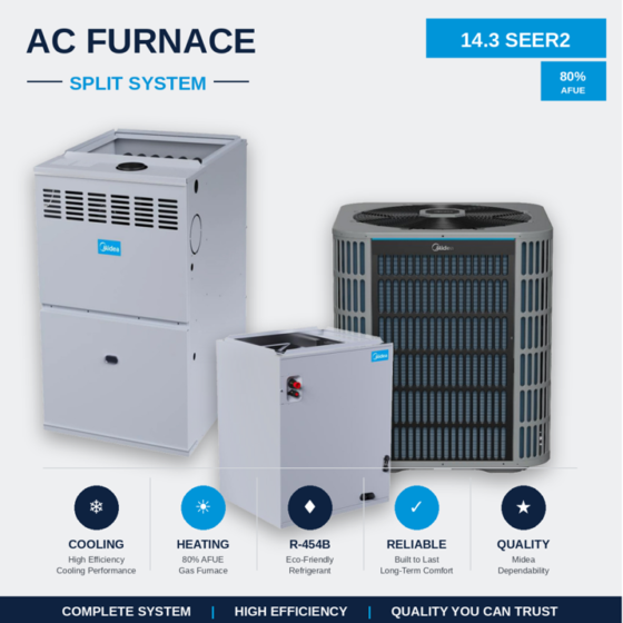 Midea 3 Ton 14.3/15.2 SEER2 80% AFUE 60,000 BTU Furnace and AC System - R454B Multi-Positioned B Cabinet