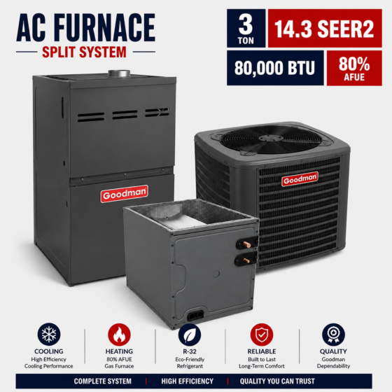 Goodman 2 Ton 15.2 SEER2 80% AFUE 60,000 BTU Furnace and AC System - R32 Vertical B Cabinet